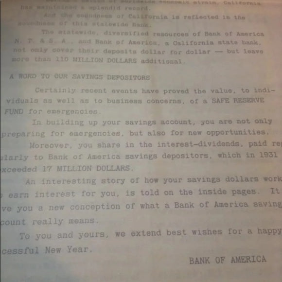 Very Rare Bank America 1931 Great Depression