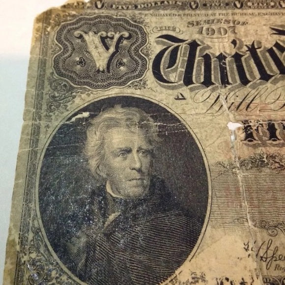 Scarce 1907 $5 Andrew Jackson Bill- $600 Value