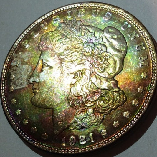 Rare RAINBOW Toned AU 1921 Silver Morgan Dollar!