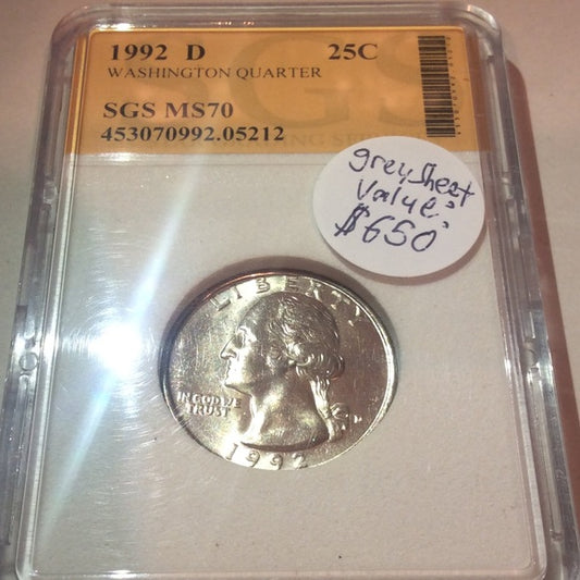 Top Grade MS70 1992D Washington Quarter- Amazing- Graded- $650 Greysheet Value!