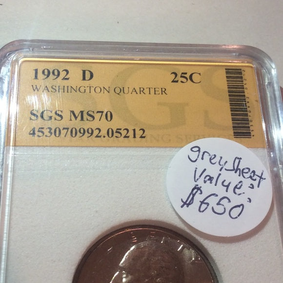 Top Grade MS70 1992D Washington Quarter- Amazing- Graded- $650 Greysheet Value!