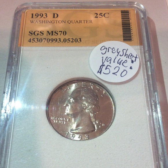 MS70 Rare Top Grade 1993D Washington Quarter- SGS Graded- $520 Greysheet Value!