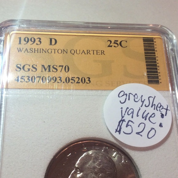 MS70 Rare Top Grade 1993D Washington Quarter- SGS Graded- $520 Greysheet Value!