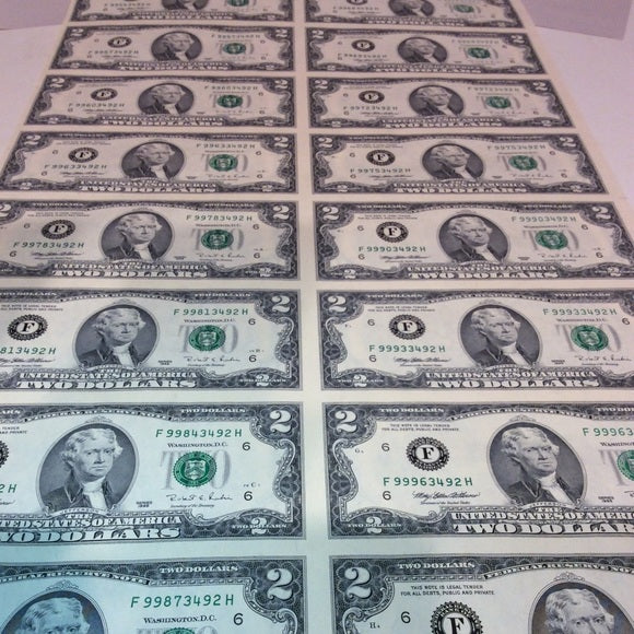 Rarity 16 Uncut 1995 Old $2 Bills Huge Currency Sheet- Tough To Find Big Sheet!