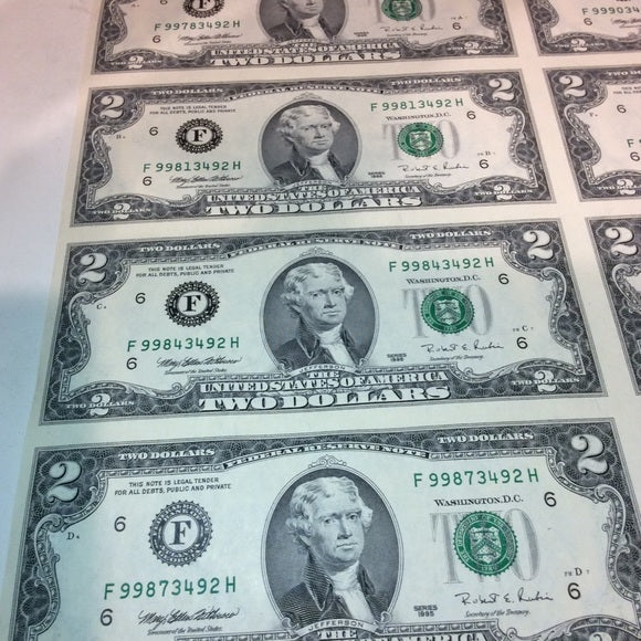 Rarity 16 Uncut 1995 Old $2 Bills Huge Currency Sheet- Tough To Find Big Sheet!