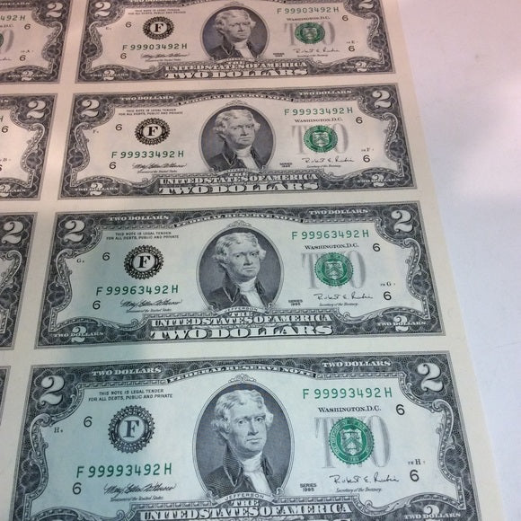 Rarity 16 Uncut 1995 Old $2 Bills Huge Currency Sheet- Tough To Find Big Sheet!