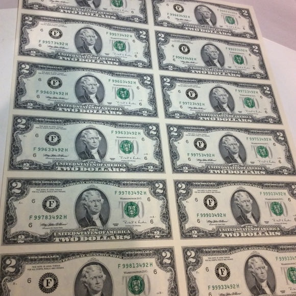 Rarity 16 Uncut 1995 Old $2 Bills Huge Currency Sheet- Tough To Find Big Sheet!