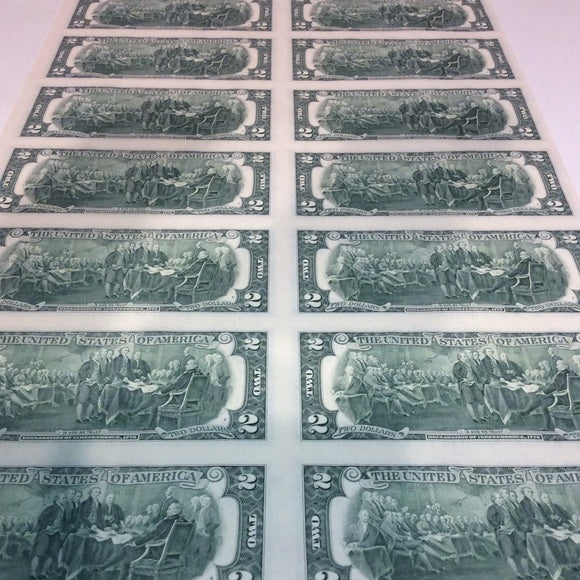 Rarity 16 Uncut 1995 Old $2 Bills Huge Currency Sheet- Tough To Find Big Sheet!