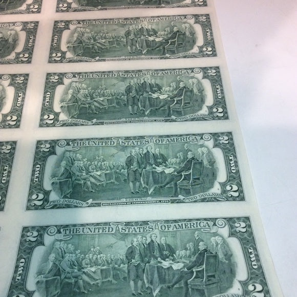 Rarity 16 Uncut 1995 Old $2 Bills Huge Currency Sheet- Tough To Find Big Sheet!