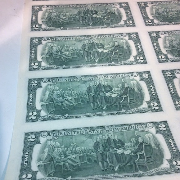 Rarity 16 Uncut 1995 Old $2 Bills Huge Currency Sheet- Tough To Find Big Sheet!