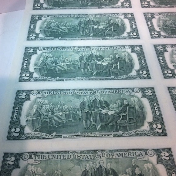 Rarity 16 Uncut 1995 Old $2 Bills Huge Currency Sheet- Tough To Find Big Sheet!