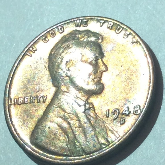 Amazing 1948D Rainbow Toned Wheat Penny-  
Purple, Blue, Pink, Green, &amp; Yellow