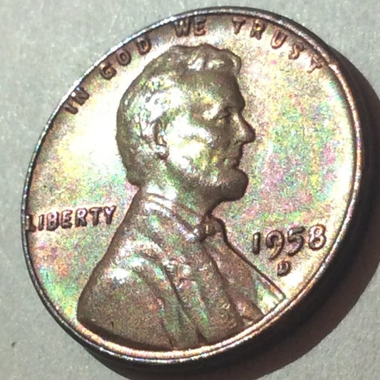 About Uncirculated 1958D Rainbow Toned Wheat Penny- Multicolored Toning