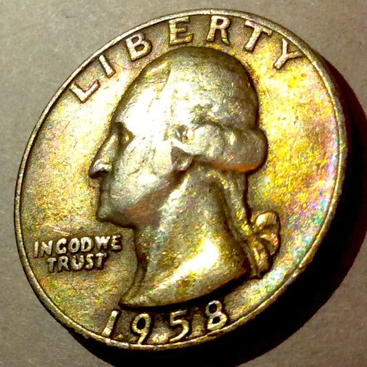 Rainbow Toned 90% Silver 1958D Washington Quarter- Vibrant Multicolored Toning