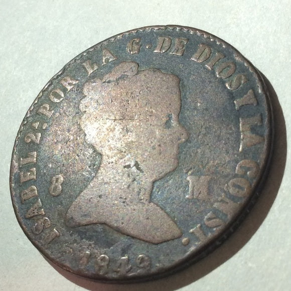 Scarce Overdate Error 4 On Top of a 1- Spain 8 Maravedis 1849 4/1 Coin!