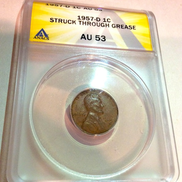 Rare NO 7 in Date! Amazing ANACS Struck Through Grease Error 1957D Wheat Penny!