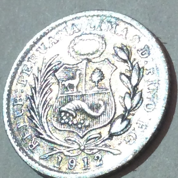 Extremely LOW Mintage Silver 1912 1/2 Dinero Peru Coin- Only 120,000 Ever Minted