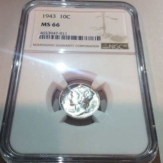 Rare Mint State 66 NGC 1943 Silver Mercury Dime- One Of The Highest Grades Ever