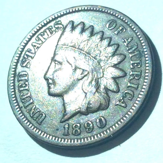 High Grade 1890 About Uncirculated Indian Head Penny-Near Full Diamonds/Feathers