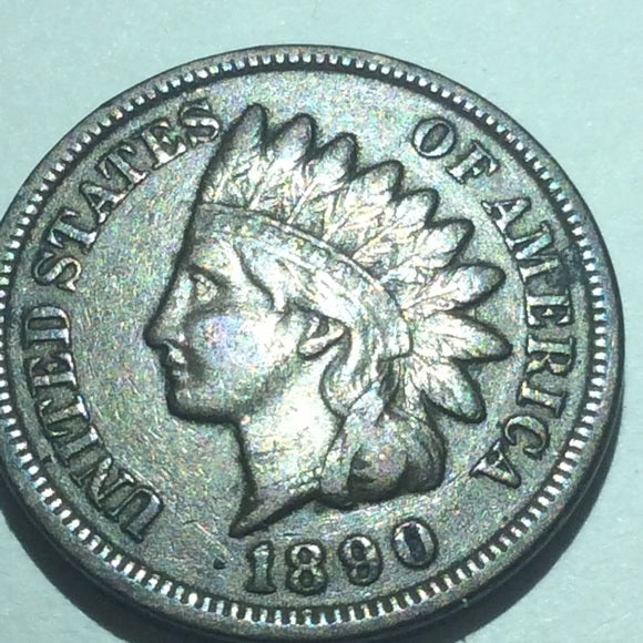 High Grade 1890 About Uncirculated Indian Head Penny-Near Full Diamonds/Feathers