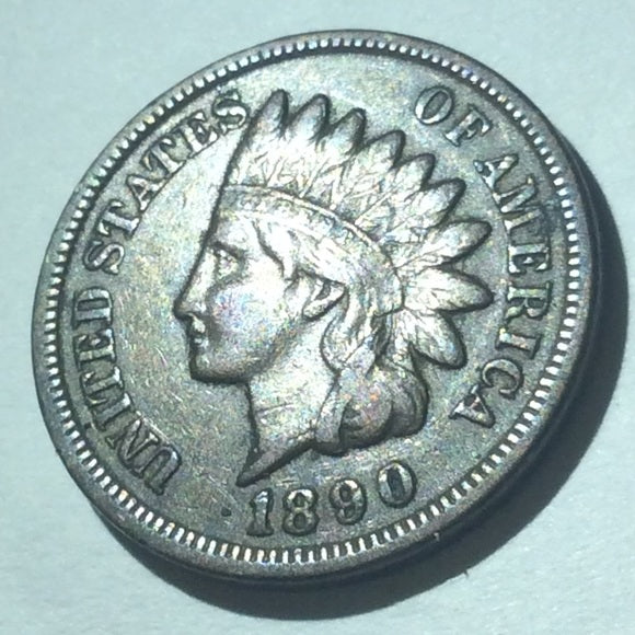 High Grade 1890 About Uncirculated Indian Head Penny-Near Full Diamonds/Feathers